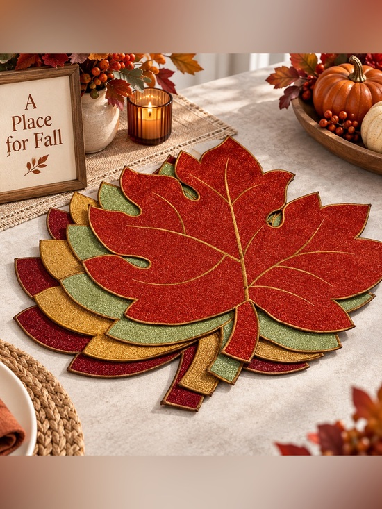 Better Homes And Gardens Other - Fall Table Decor Textured Embroidered Maple Leaf Placemats Metallic Woven